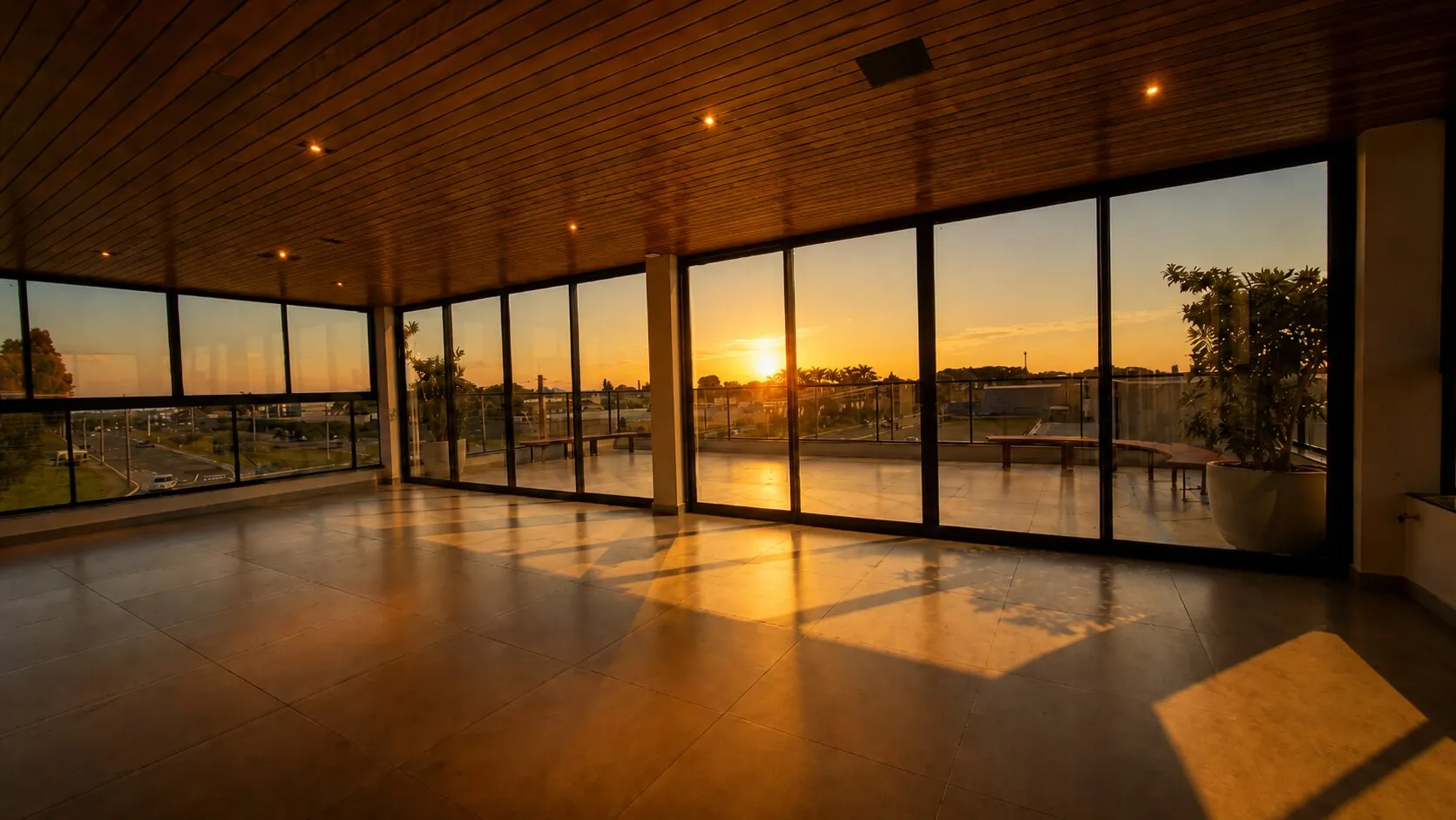 Salão envidraçado do Espaço DON ao pôr do sol, com o rooftop e a cidade ao fundo